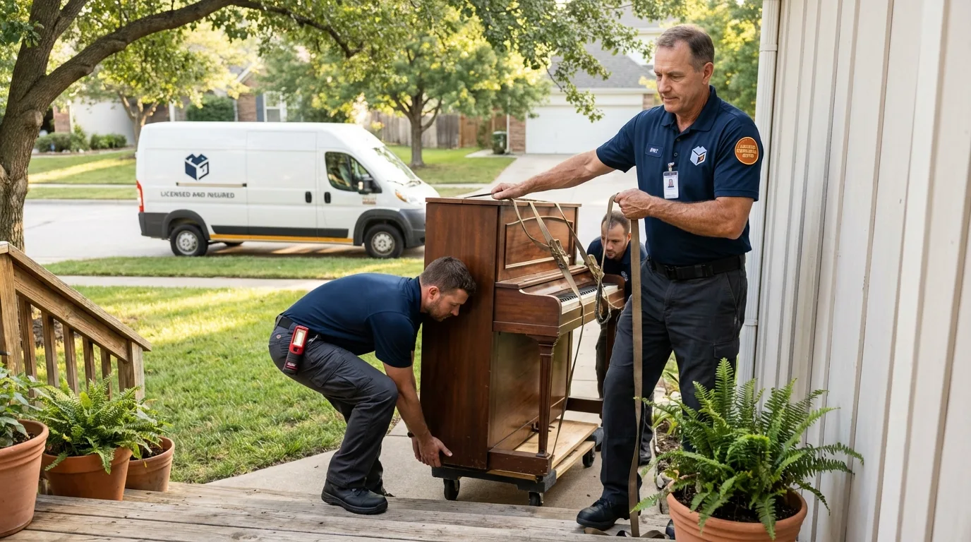 Licensed piano movers securing grand piano in Grove Hill, AL