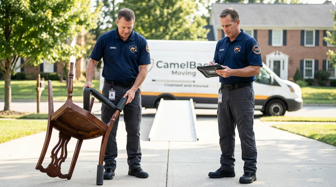 Movers inspecting furniture for damage prevention before loading in Grove Hill, AL
