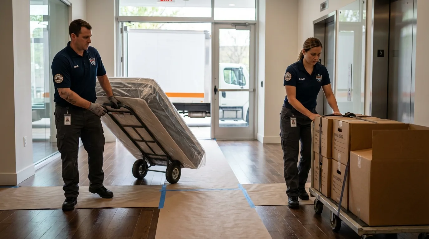 Professional apartment movers loading elevator in Grove Hill, AL